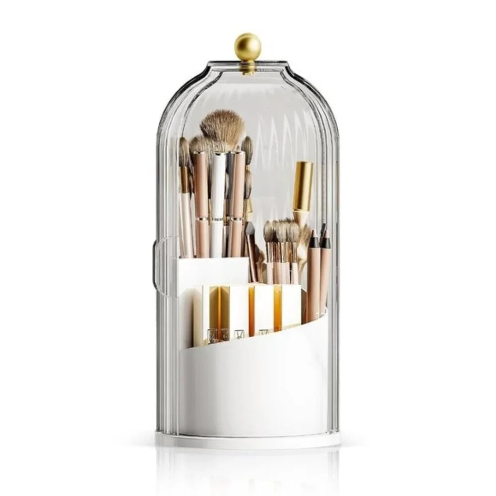 New 360° Rotating Makeup Brush Holder, Waterproof White-Clear Vanity Organizer